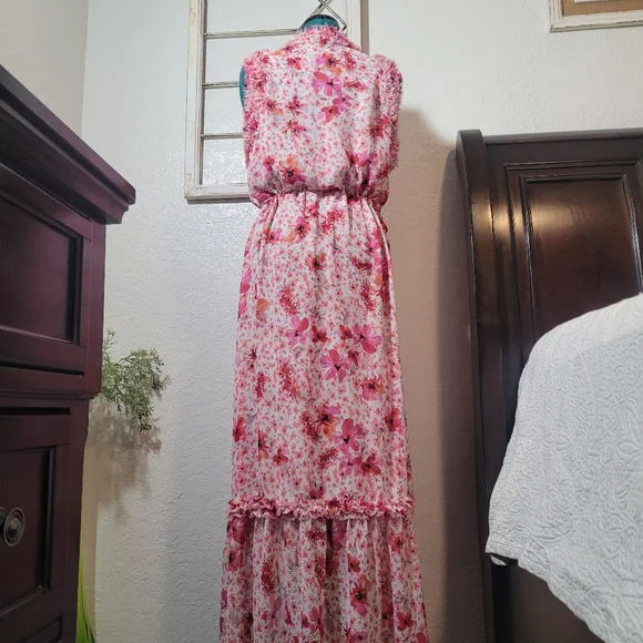MISA Los Angeles Aurelie Ruffled Pink Floral Midi Dress Size Large - Picture 6 of 14